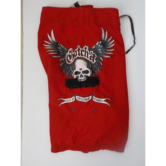 Vintage Gotcha Red Surf Swim Board Shorts Men Size 36 Skull Angel Print - Picture 8 of 13